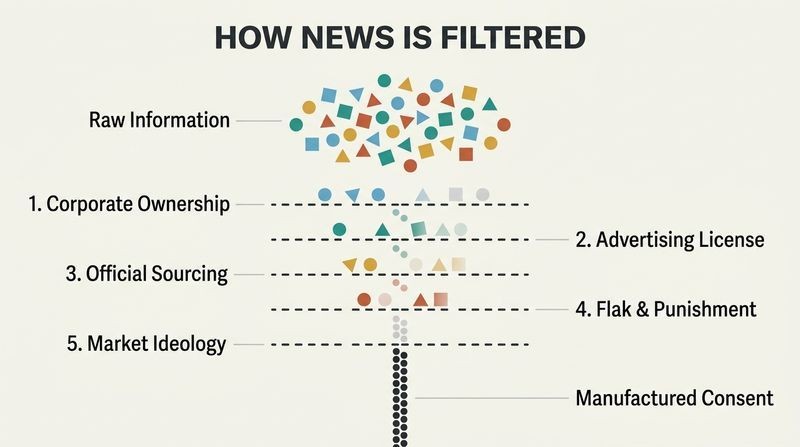 Sieve diagram showing how raw information passes through five sequential corporate and political filters, blocking diverse perspectives and leaving only a narrow, uniform stream of manufactured consent.