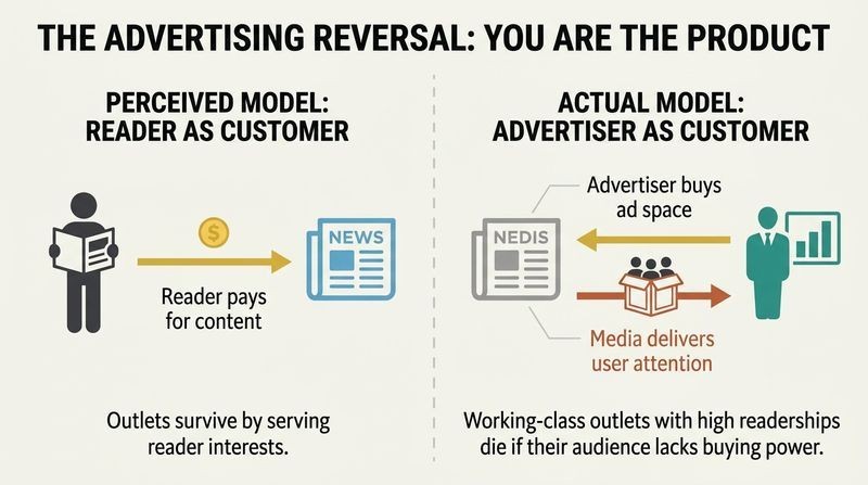 Split-panel diagram contrasting a reader-funded media model where the reader is the customer, with an advertiser-funded model where the advertiser is the customer and the reader's attention is the product.