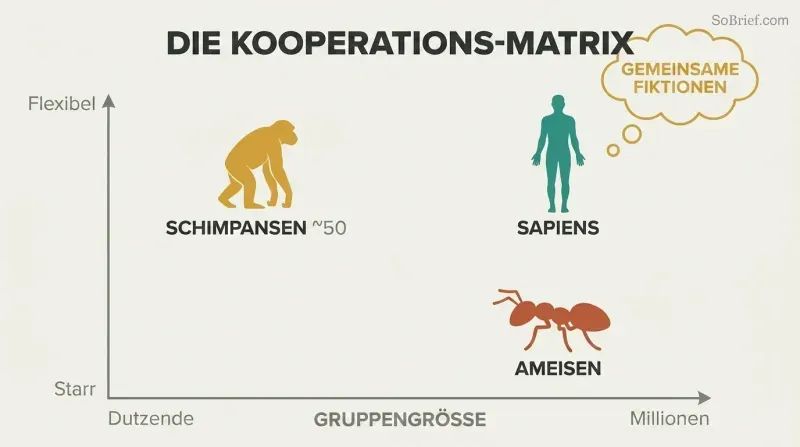Two-axis chart plotting ants, chimps, and Sapiens by group size and cooperation flexibility, showing Sapiens uniquely occupying the large-scale flexible quadrant enabled by shared fictions.