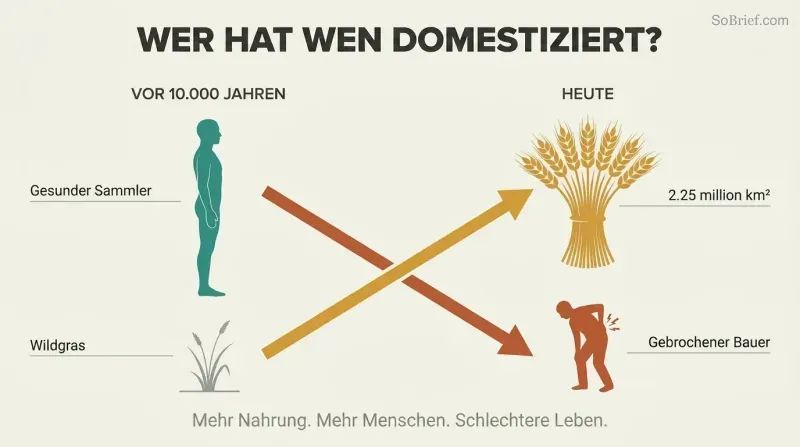 Crossing trajectories show wheat rising from wild grass to global dominance while human wellbeing falls from healthy forager to broken farmer.