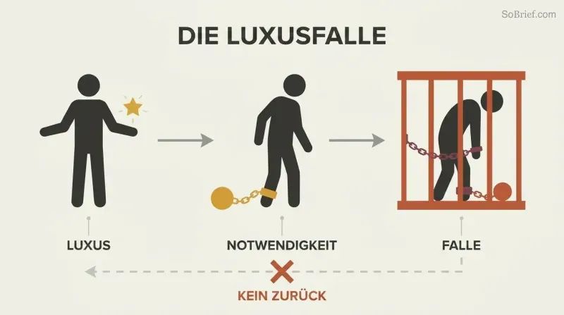 Three stages show a free figure adopting a luxury, becoming chained by necessity, and ending trapped in a cage.