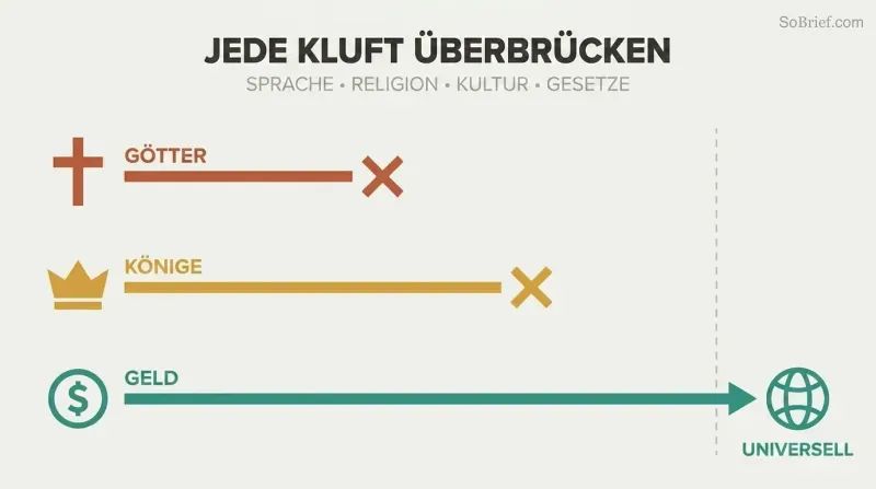 Three horizontal paths of increasing length show gods and kings stopping short while money extends across all human divisions to reach a connected globe.