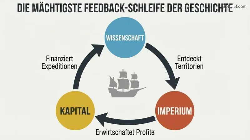 Triangular cycle connecting science, empire, and capital with clockwise arrows showing how each force funds and reinforces the next.