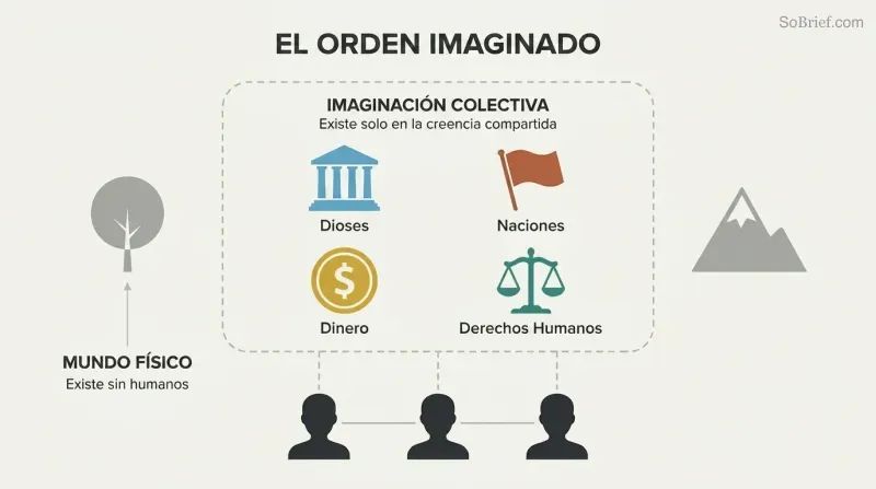 Collective imagination boundary encloses gods, nations, money, and human rights above connected human minds, while physical objects exist independently outside.