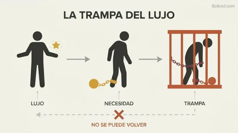 Three stages show a free figure adopting a luxury, becoming chained by necessity, and ending trapped in a cage.
