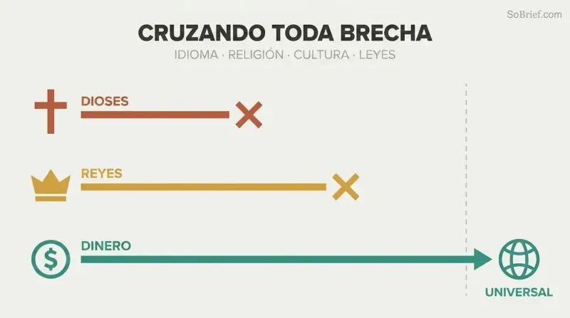Three horizontal paths of increasing length show gods and kings stopping short while money extends across all human divisions to reach a connected globe.