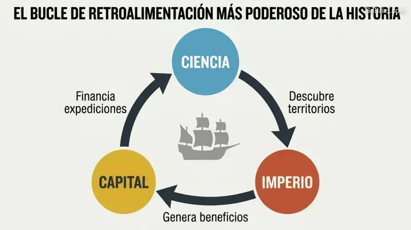 Triangular cycle connecting science, empire, and capital with clockwise arrows showing how each force funds and reinforces the next.