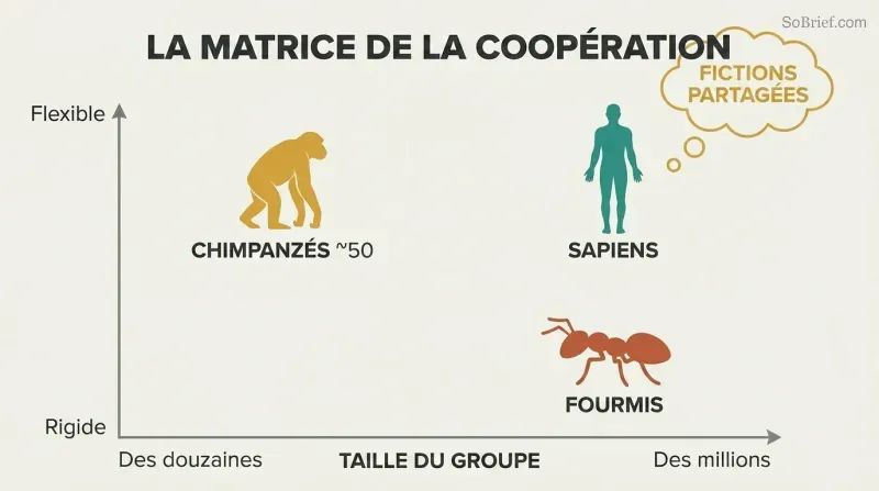 Two-axis chart plotting ants, chimps, and Sapiens by group size and cooperation flexibility, showing Sapiens uniquely occupying the large-scale flexible quadrant enabled by shared fictions.