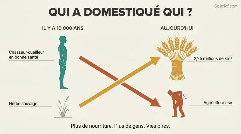 Crossing trajectories show wheat rising from wild grass to global dominance while human wellbeing falls from healthy forager to broken farmer.