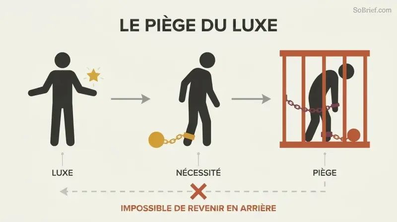 Three stages show a free figure adopting a luxury, becoming chained by necessity, and ending trapped in a cage.