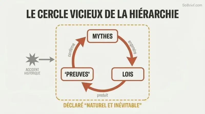 A small historical accident feeds a self-reinforcing loop of myths, laws, and false evidence framed as natural order.