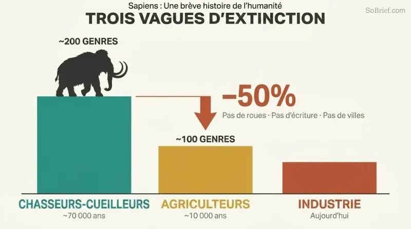 Descending bar chart showing large mammal genera plummeting from two hundred to one hundred in the forager wave alone, before any advanced technology.