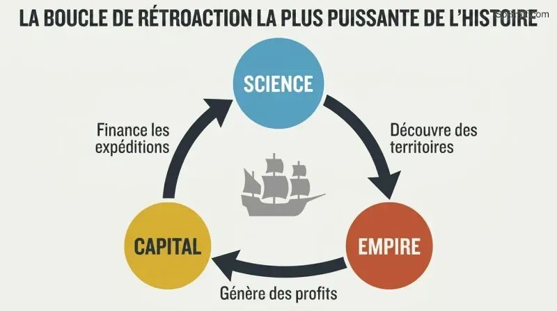 Triangular cycle connecting science, empire, and capital with clockwise arrows showing how each force funds and reinforces the next.