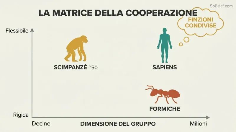Two-axis chart plotting ants, chimps, and Sapiens by group size and cooperation flexibility, showing Sapiens uniquely occupying the large-scale flexible quadrant enabled by shared fictions.