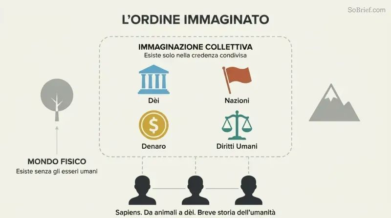 Collective imagination boundary encloses gods, nations, money, and human rights above connected human minds, while physical objects exist independently outside.