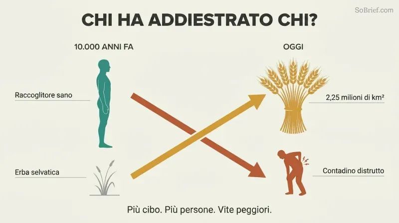 Crossing trajectories show wheat rising from wild grass to global dominance while human wellbeing falls from healthy forager to broken farmer.