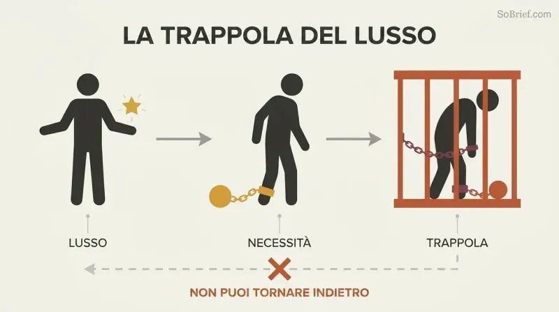 Three stages show a free figure adopting a luxury, becoming chained by necessity, and ending trapped in a cage.