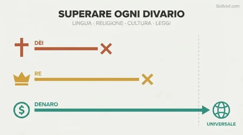 Three horizontal paths of increasing length show gods and kings stopping short while money extends across all human divisions to reach a connected globe.