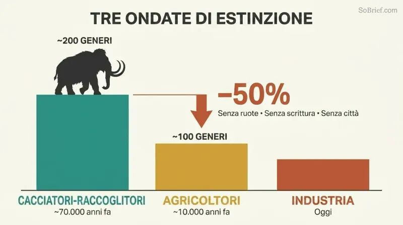 Descending bar chart showing large mammal genera plummeting from two hundred to one hundred in the forager wave alone, before any advanced technology.