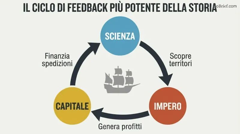 Triangular cycle connecting science, empire, and capital with clockwise arrows showing how each force funds and reinforces the next.