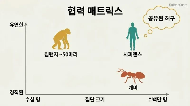 Two-axis chart plotting ants, chimps, and Sapiens by group size and cooperation flexibility, showing Sapiens uniquely occupying the large-scale flexible quadrant enabled by shared fictions.