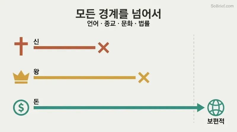 Three horizontal paths of increasing length show gods and kings stopping short while money extends across all human divisions to reach a connected globe.