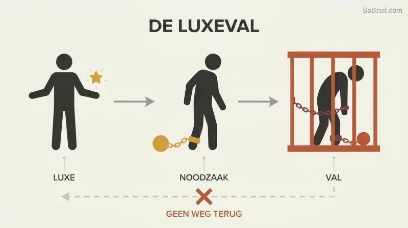 Three stages show a free figure adopting a luxury, becoming chained by necessity, and ending trapped in a cage.