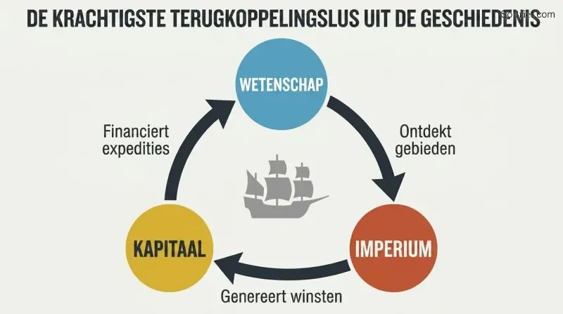 Triangular cycle connecting science, empire, and capital with clockwise arrows showing how each force funds and reinforces the next.