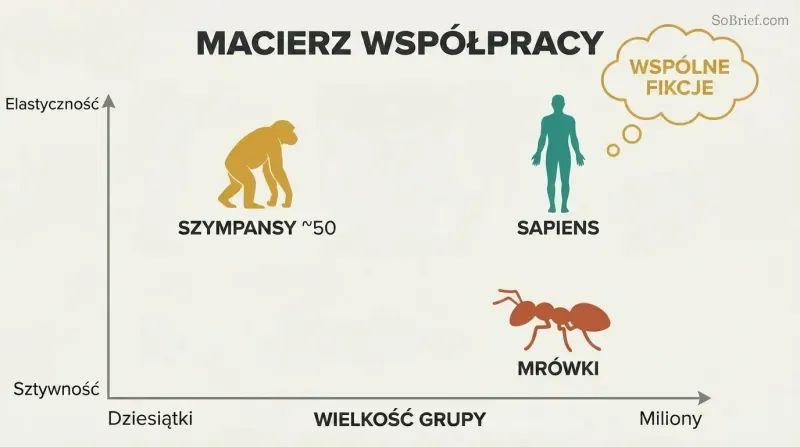 Two-axis chart plotting ants, chimps, and Sapiens by group size and cooperation flexibility, showing Sapiens uniquely occupying the large-scale flexible quadrant enabled by shared fictions.