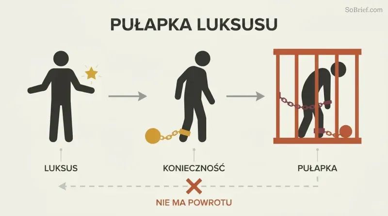 Three stages show a free figure adopting a luxury, becoming chained by necessity, and ending trapped in a cage.