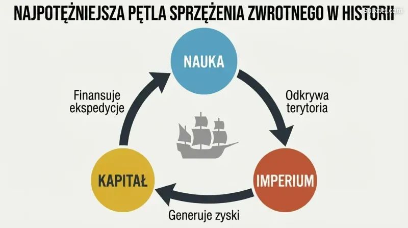 Triangular cycle connecting science, empire, and capital with clockwise arrows showing how each force funds and reinforces the next.