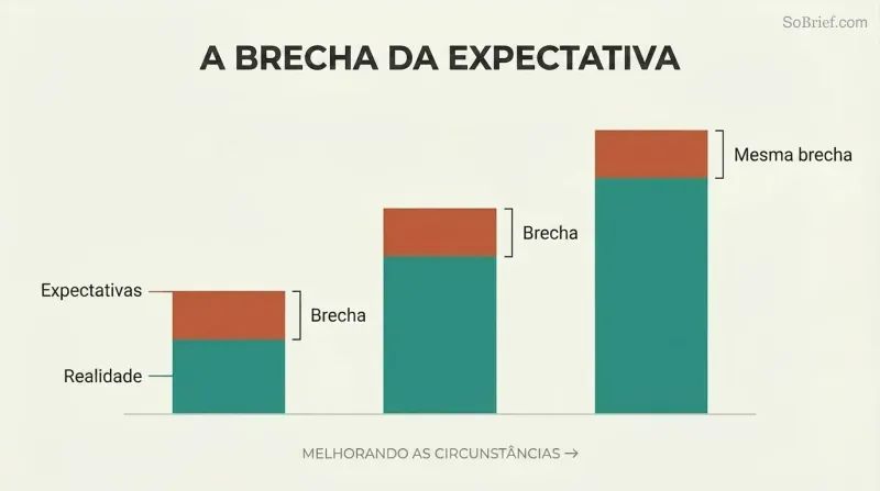 Three stacked bars growing taller from left to right, where the teal reality portion increases dramatically but the terracotta gap between reality and expectations remains identical across all three.