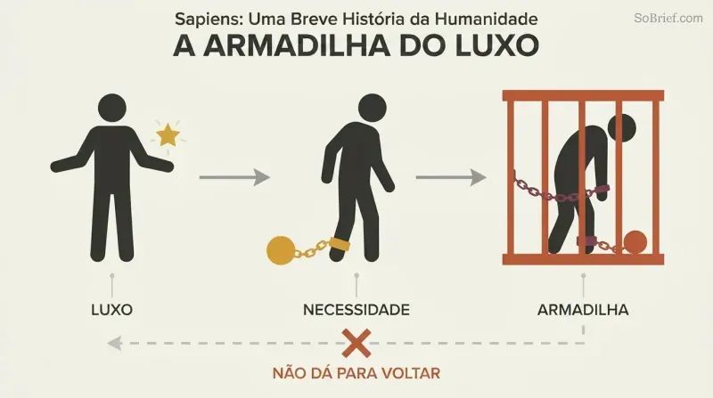 Three stages show a free figure adopting a luxury, becoming chained by necessity, and ending trapped in a cage.