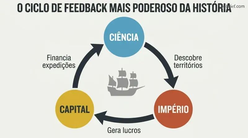 Triangular cycle connecting science, empire, and capital with clockwise arrows showing how each force funds and reinforces the next.