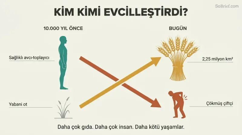 Crossing trajectories show wheat rising from wild grass to global dominance while human wellbeing falls from healthy forager to broken farmer.
