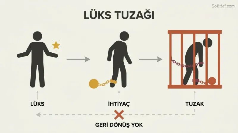 Three stages show a free figure adopting a luxury, becoming chained by necessity, and ending trapped in a cage.