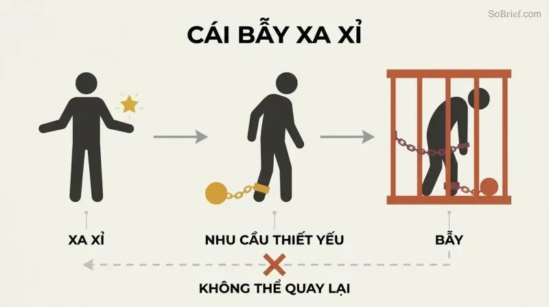 Three stages show a free figure adopting a luxury, becoming chained by necessity, and ending trapped in a cage.