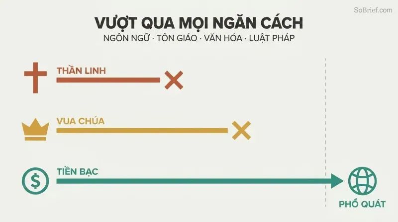 Three horizontal paths of increasing length show gods and kings stopping short while money extends across all human divisions to reach a connected globe.