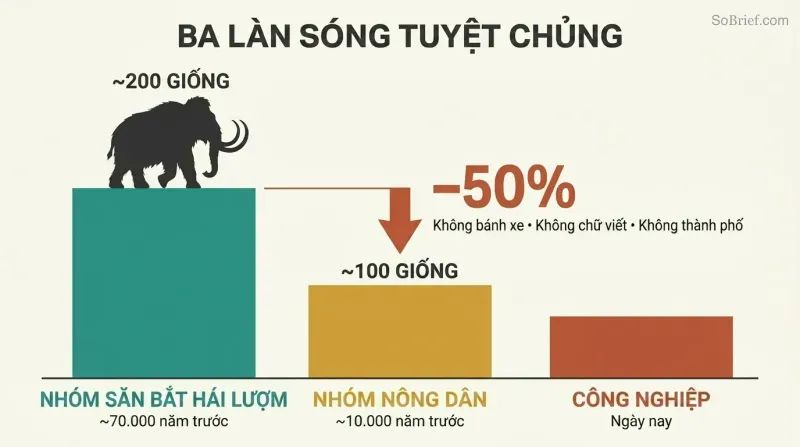 Descending bar chart showing large mammal genera plummeting from two hundred to one hundred in the forager wave alone, before any advanced technology.