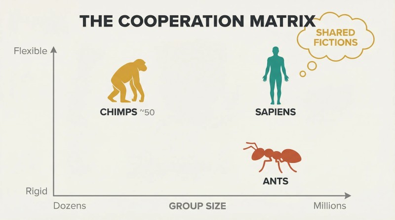 Two-axis chart plotting ants, chimps, and Sapiens by group size and cooperation flexibility, showing Sapiens uniquely occupying the large-scale flexible quadrant enabled by shared fictions.