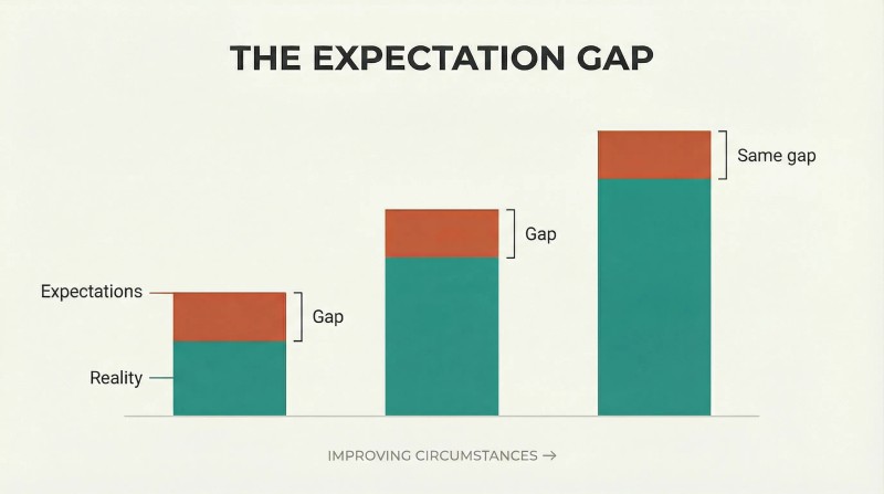 Three stacked bars growing taller from left to right, where the teal reality portion increases dramatically but the terracotta gap between reality and expectations remains identical across all three.