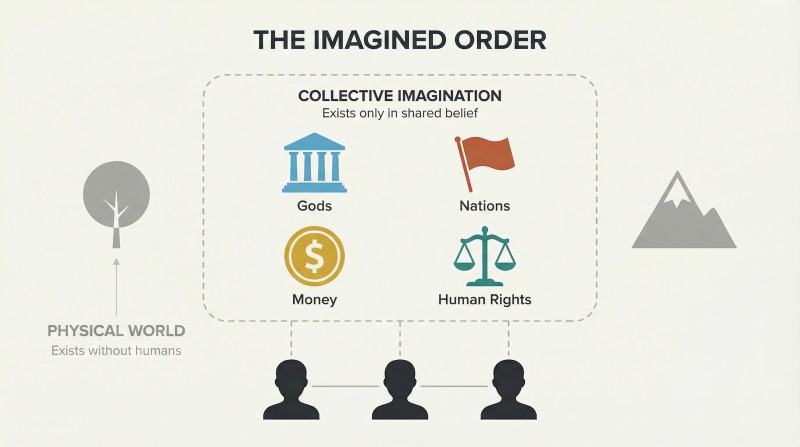 Collective imagination boundary encloses gods, nations, money, and human rights above connected human minds, while physical objects exist independently outside.