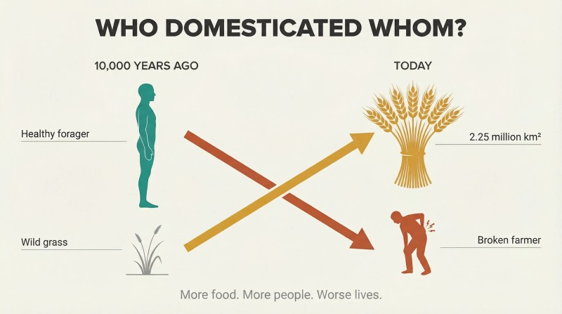 Crossing trajectories show wheat rising from wild grass to global dominance while human wellbeing falls from healthy forager to broken farmer.