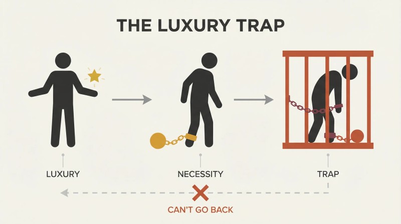 Three stages show a free figure adopting a luxury, becoming chained by necessity, and ending trapped in a cage.