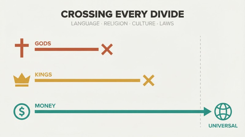 Three horizontal paths of increasing length show gods and kings stopping short while money extends across all human divisions to reach a connected globe.