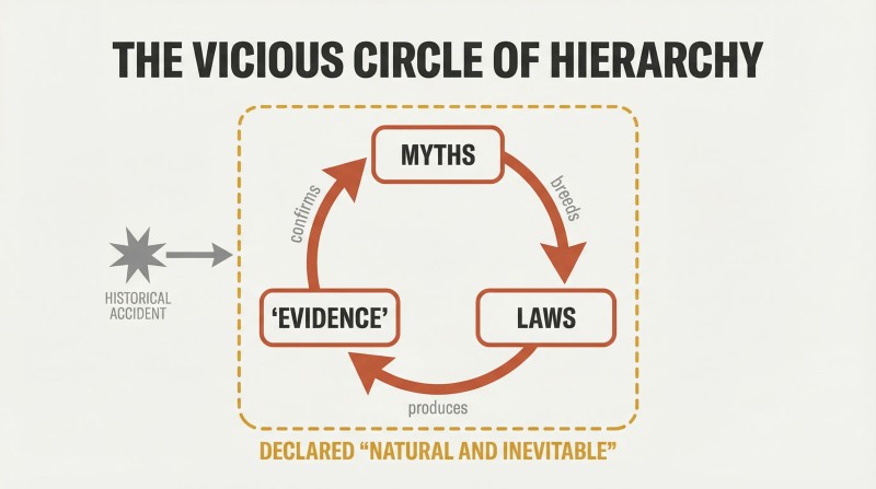 A small historical accident feeds a self-reinforcing loop of myths, laws, and false evidence framed as natural order.