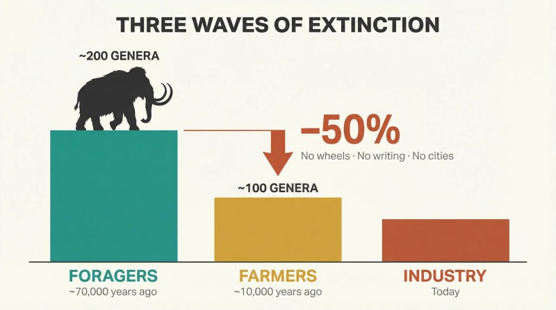 Descending bar chart showing large mammal genera plummeting from two hundred to one hundred in the forager wave alone, before any advanced technology.