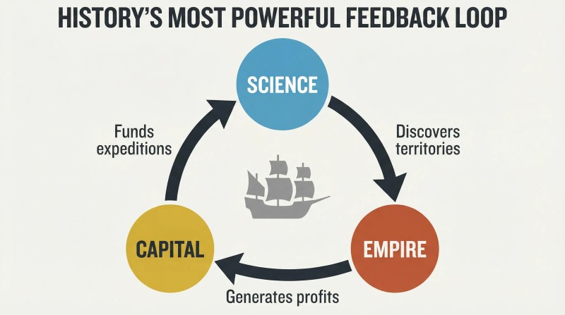 Triangular cycle connecting science, empire, and capital with clockwise arrows showing how each force funds and reinforces the next.