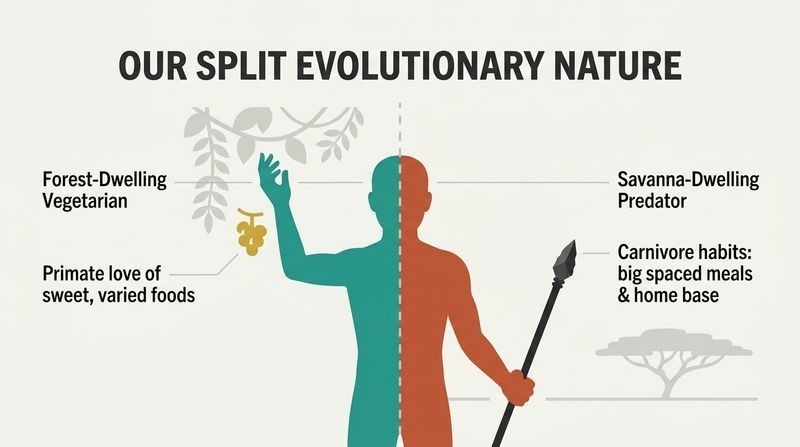 A minimalist human silhouette split vertically down the middle, showing the dual nature of our species: a green primate forest-dweller on the left and a terracotta savanna hunter on the right.