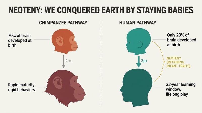 Split panel comparison showing how chimpanzees lose their flat-faced baby features as they age, while humans retain infant physical traits and brain plasticity into adulthood.
